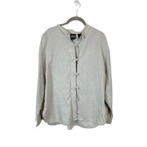 Linen Casual Shirt Jacket SZ M Vintage Crossing Point Band Collar Retro Tan